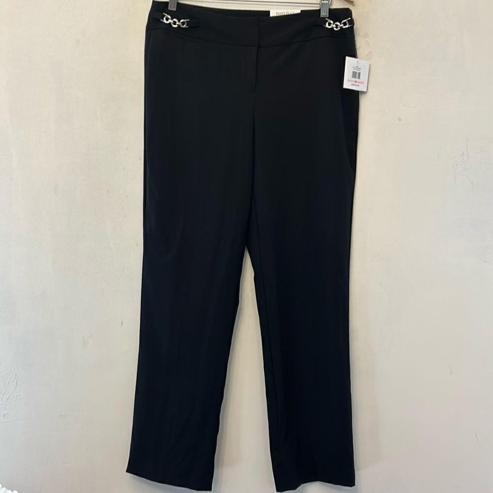 Ellen Tracy black mid rise straight leg pants Black chain accent Size 10 New